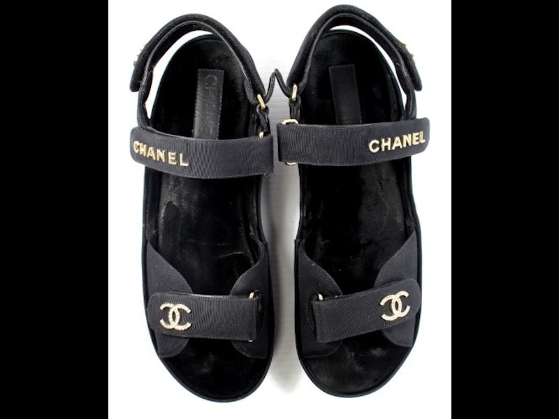 Chanel Black Quilted Leather Logo Wedge Ankle Strap Sandals