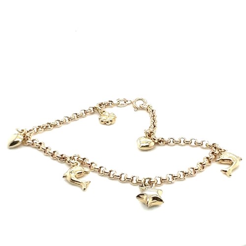 18cm Long Hollow Round Belcher Link Bracelet With 6 Charms 9ct Yellow Gold Bracelet 3.4G