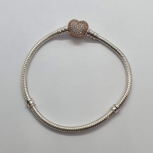 Pandora Rope Bracelet With Rose Heart Charm Silver Bangle 18cm 13.95G