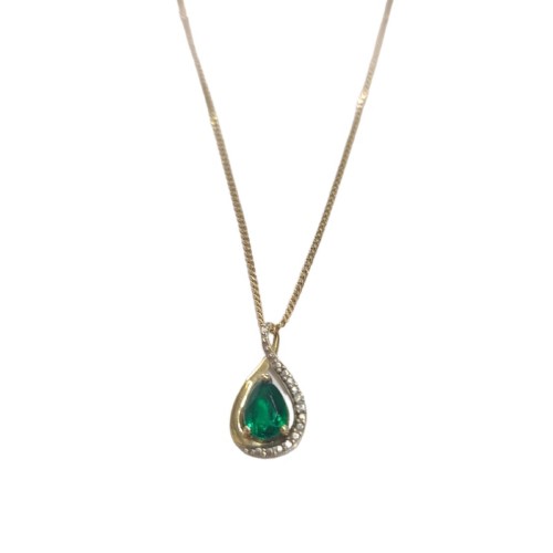 9ct 9Kt Gold Fine Curb Chain With Created Emerald Pendant Yellow Gold