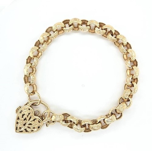 22cm Long Engraved Round Belcher Link Bracelet With A Heart Padlock Clasp 9ct Yellow Gold